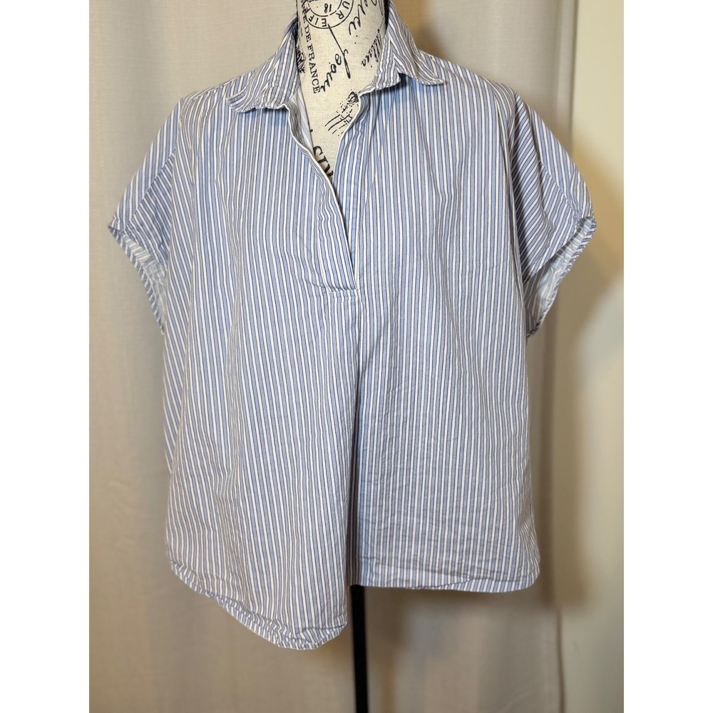 Tracy Evans 100% Cotton Striped Short Sleeve Popover Blouse Large Oversized